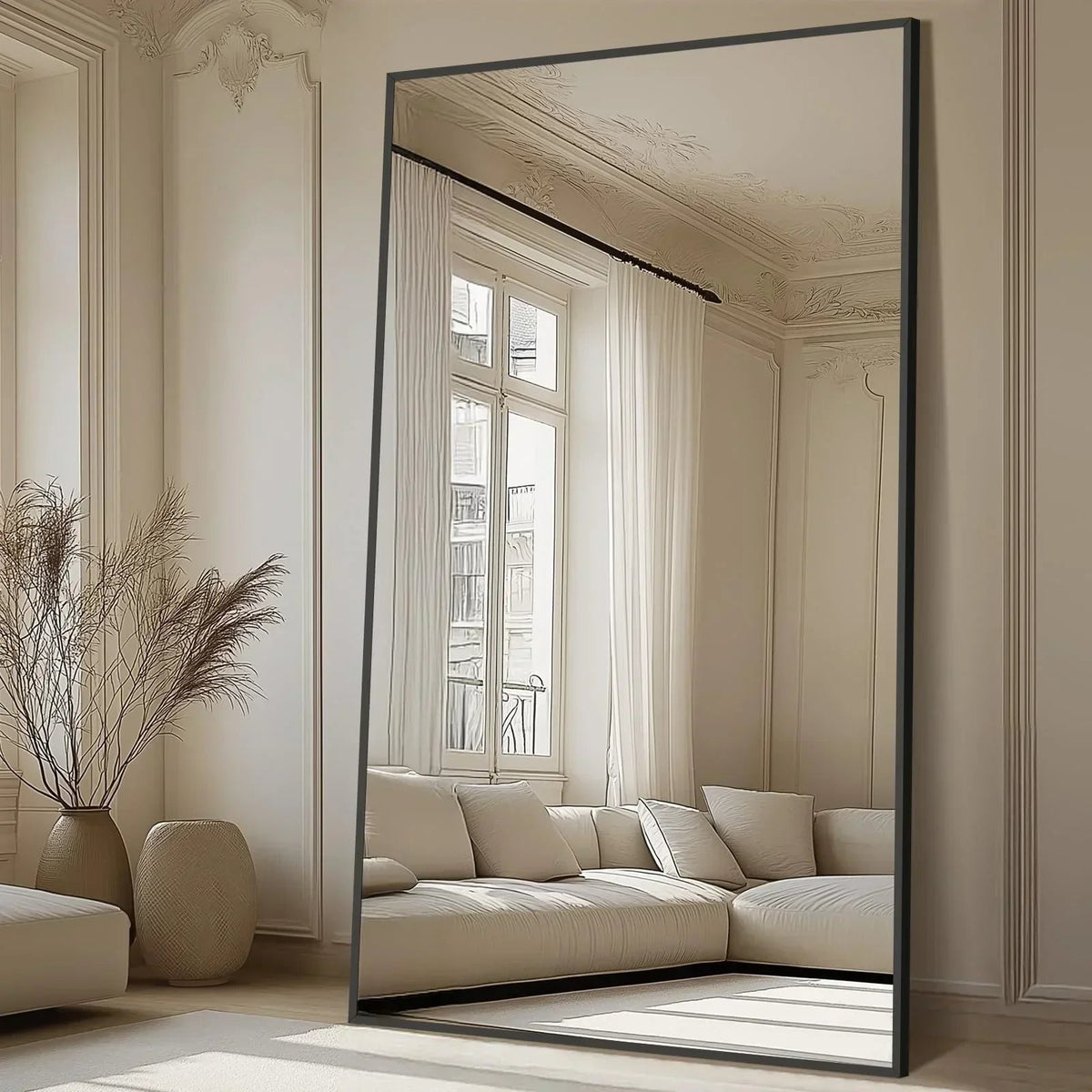 Oversized Arched Floor Mirror, Black Aluminum Frame