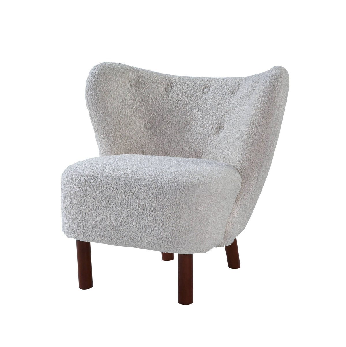 Close view of the teddy sherpa upholstery and wood leg