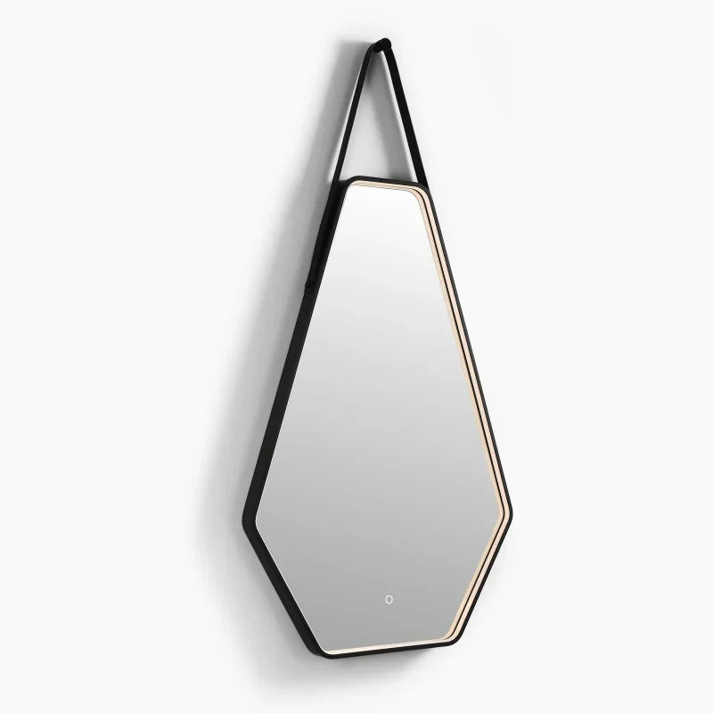 Matte black frame detail on irregular bathroom mirror