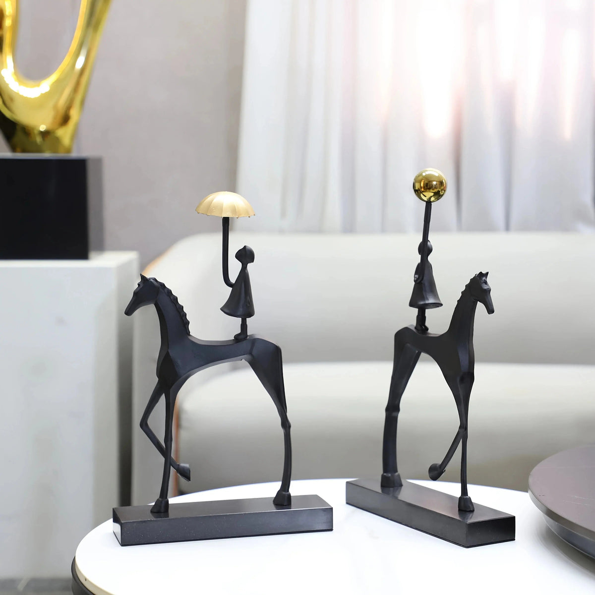Horse sculpture styled on a tabletop shelf