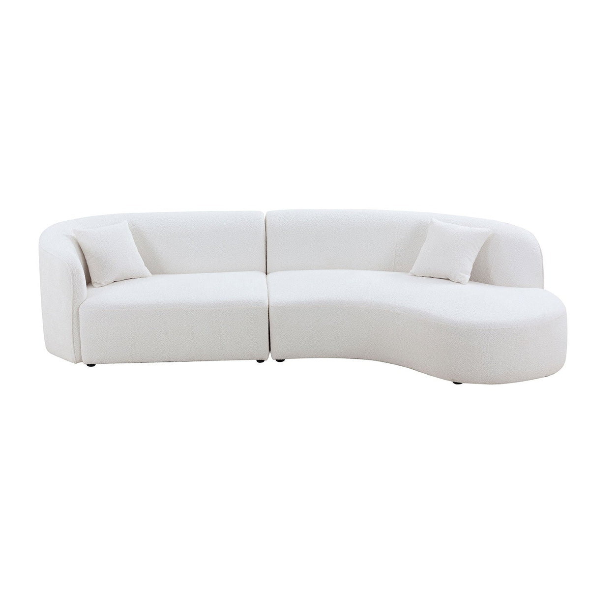 Curved sofa with chaise in boucle fabric upholstery