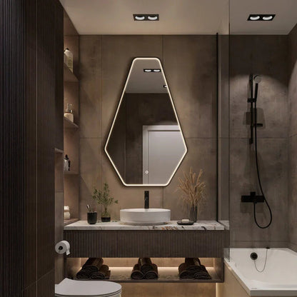 Irregular LED mirror lit in a modern bathroom
