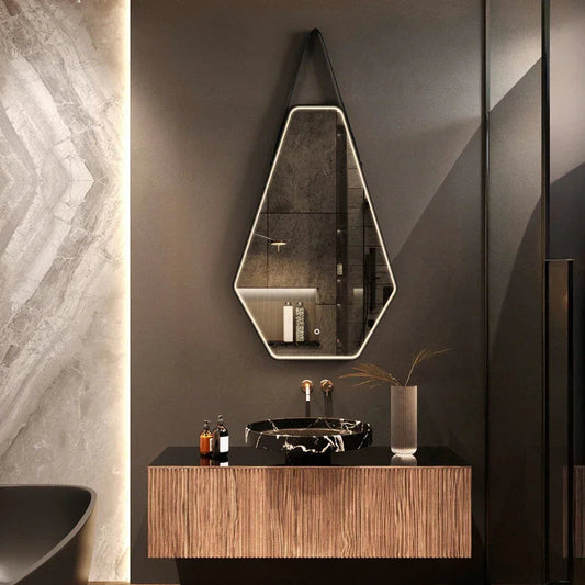 Irregular LED bathroom mirror mounted above vanity