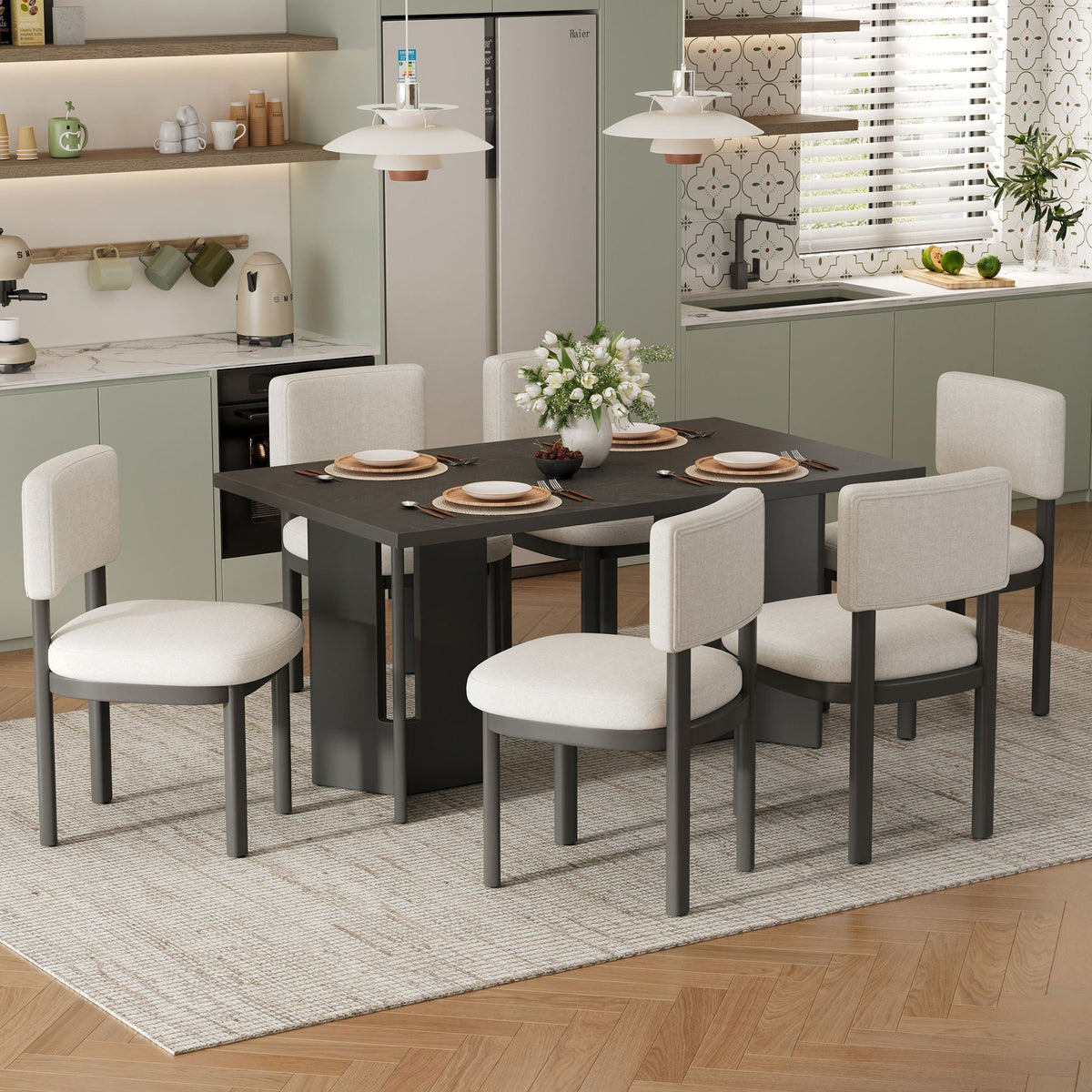 Detail of the cutout legs on the dining table