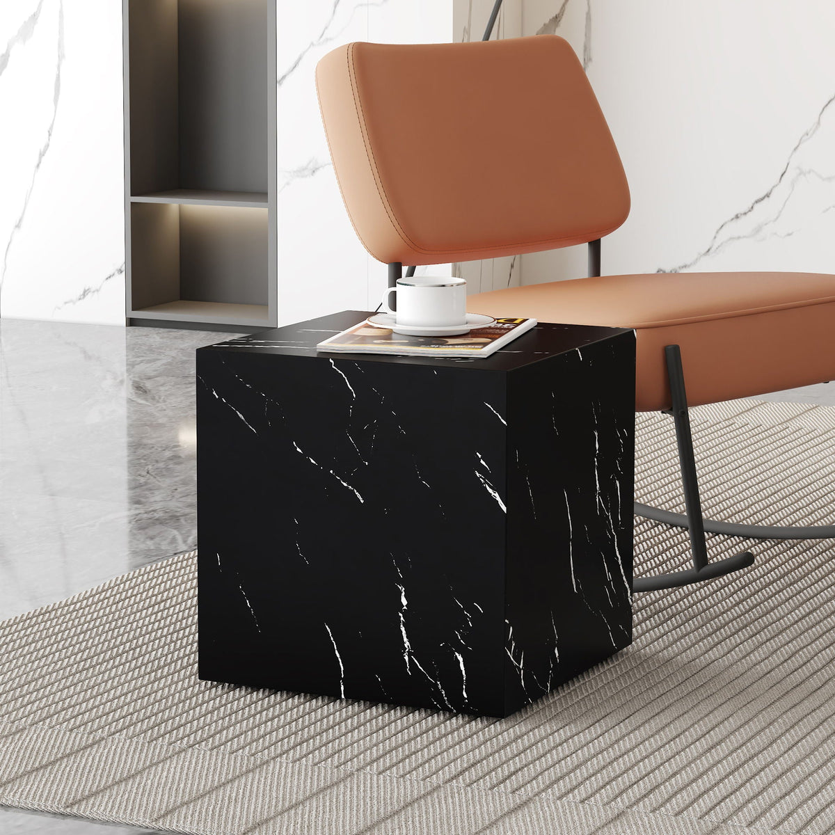 Cube coffee table shown beside a sofa