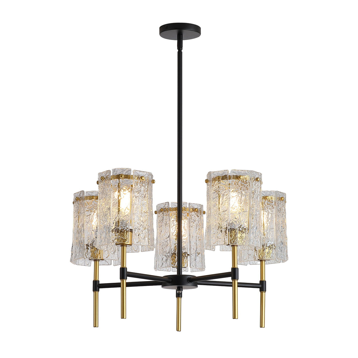 Five light glass chandelier hanging in a room setting