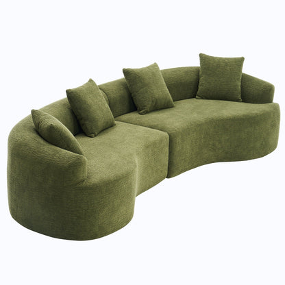 Curved sofa shown with matching throw pillows