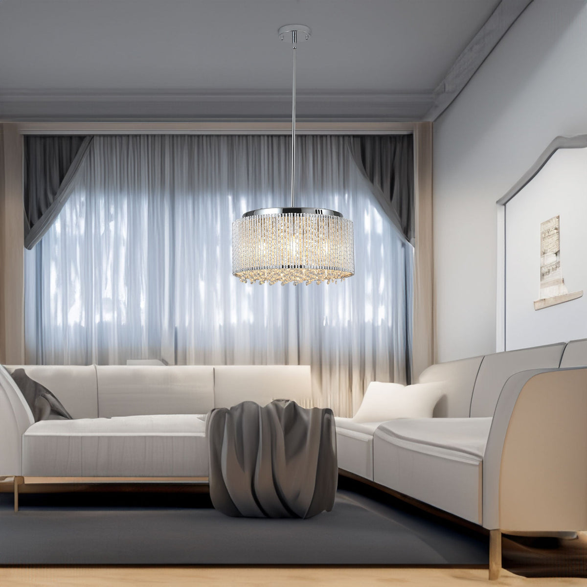 Round crystal chandelier with chrome frame