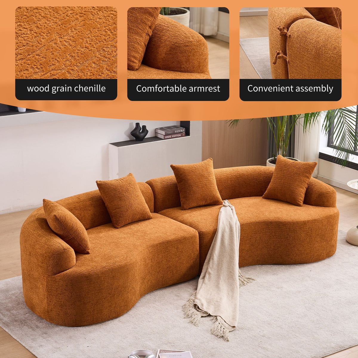 Curved 4 Seater Fabric Sofa, All-Foam Build