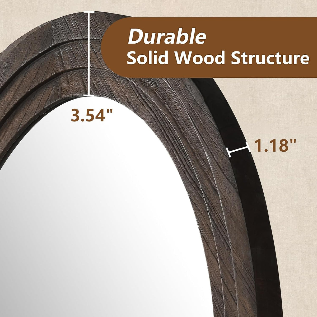 Arched wood mirror leaning against bedroom wall