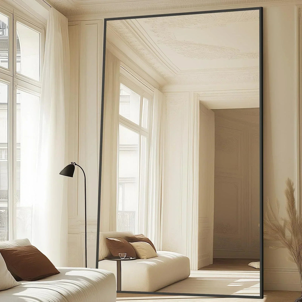 Oversized Arched Floor Mirror, Black Aluminum Frame
