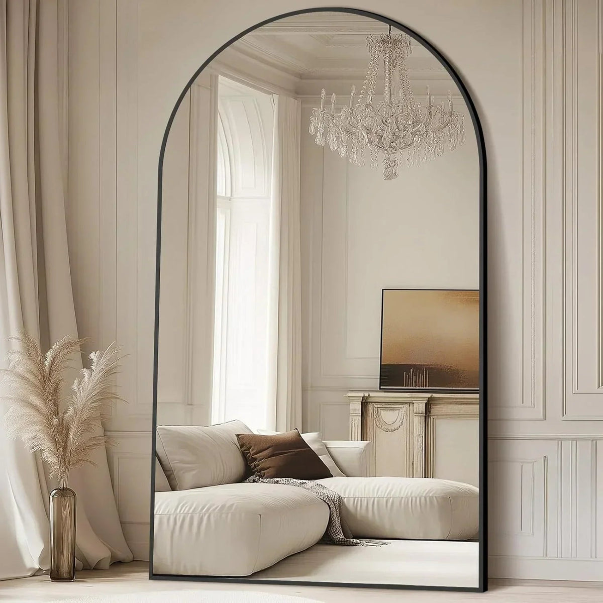 Oversized Arched Floor Mirror, Black Aluminum Frame