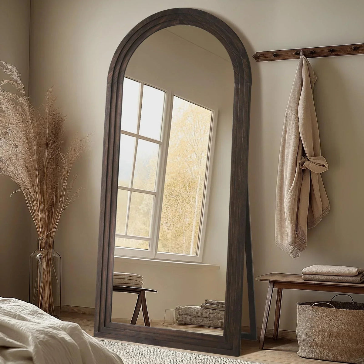 Close-up of natural wood grain on mirror frame