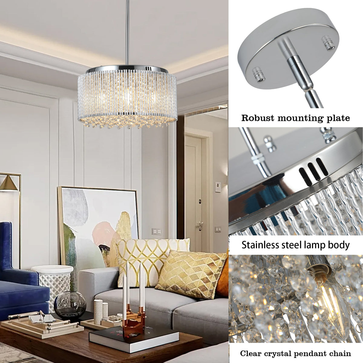 Round Crystal Chandelier, Chrome Frame