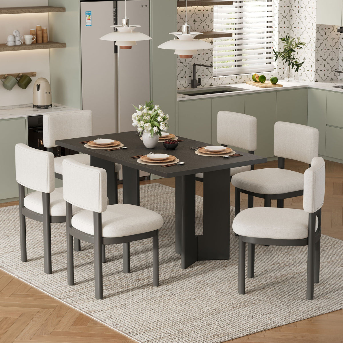 Dining table set seen from a low angle in a room setting