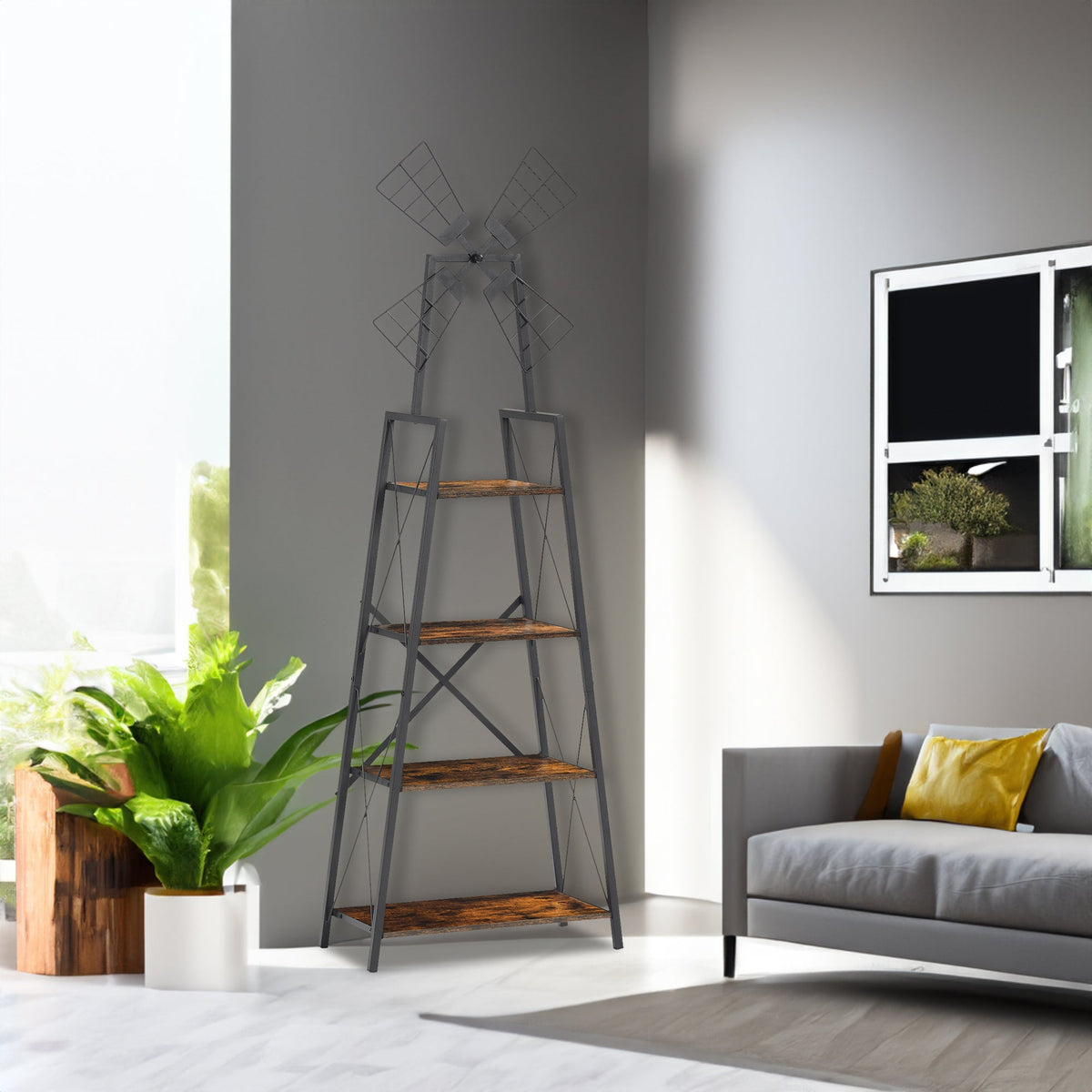 Four tier narrow bookcase shown in a room setting