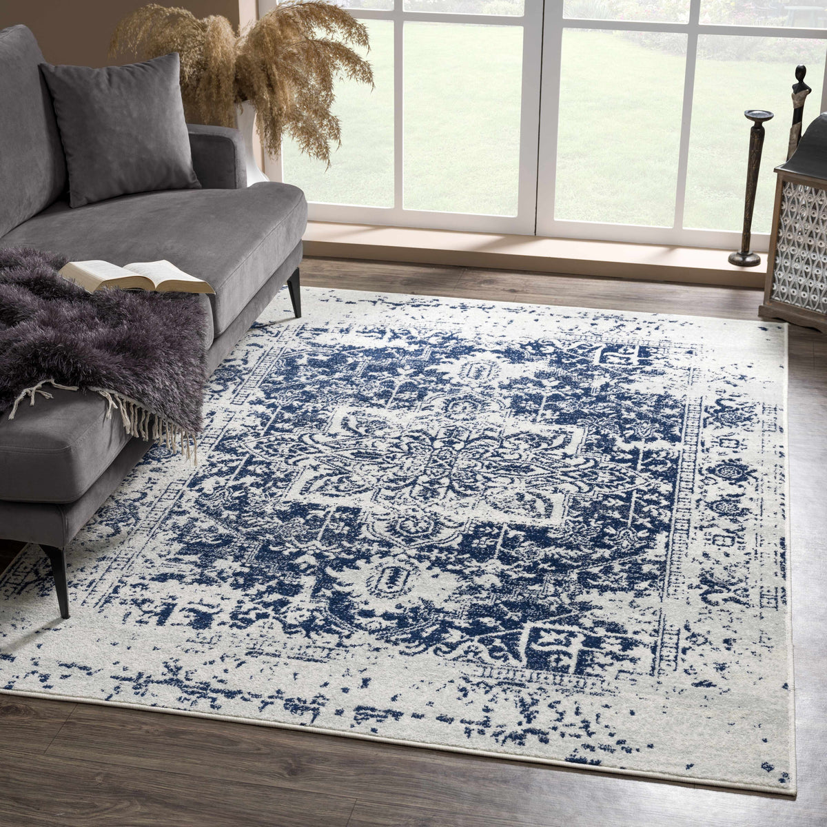 Vintage Pattern Area Rug, Navy and Gray