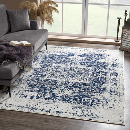 Vintage Pattern Area Rug, Navy and Gray