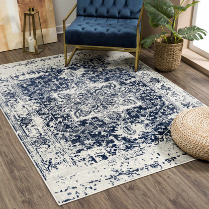 Vintage Pattern Area Rug, Navy and Gray