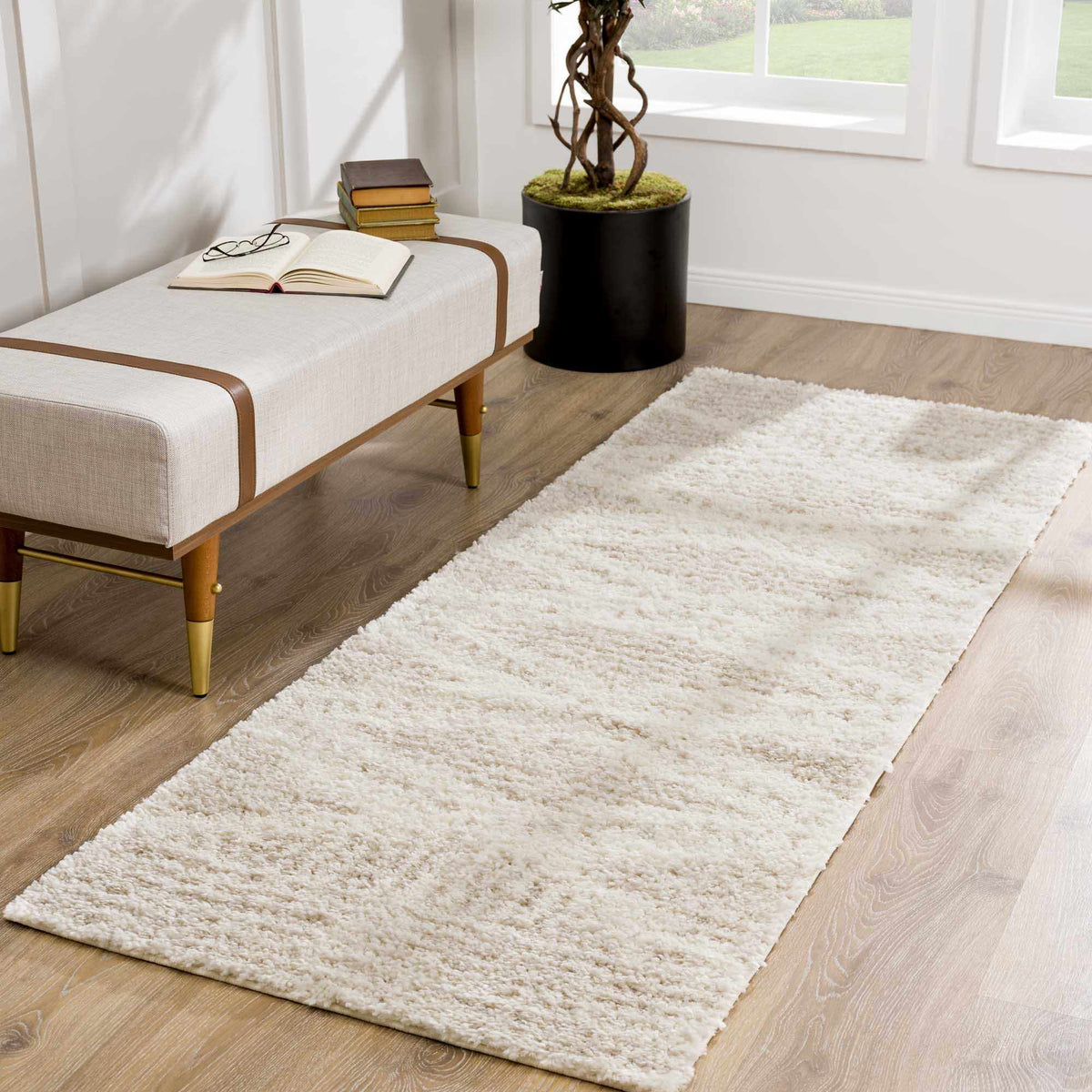 Beige shag rug photographed flat against a plain background