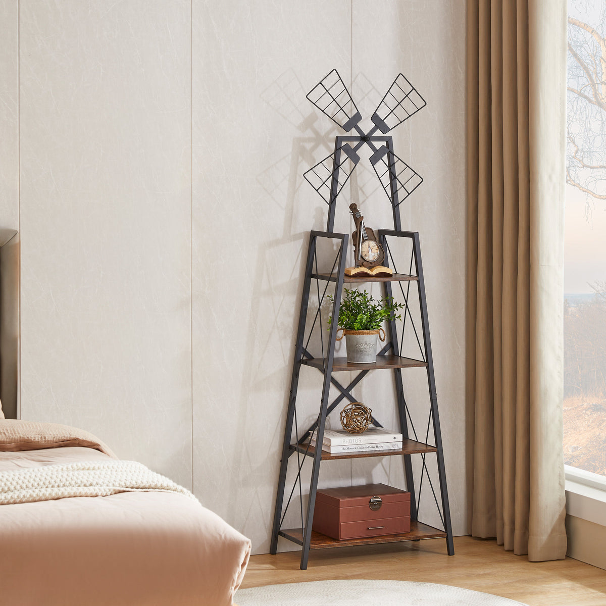 Detail of the metal frame on the narrow bookshelf