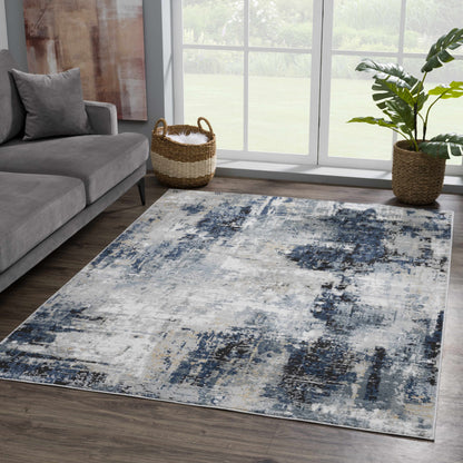 Abstract Area Rug, Blue, Gray and Ivory