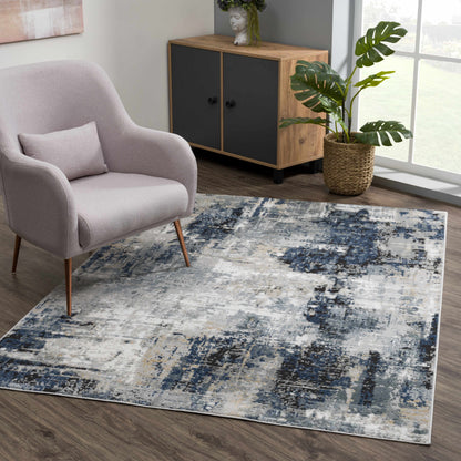Abstract Area Rug, Blue, Gray and Ivory