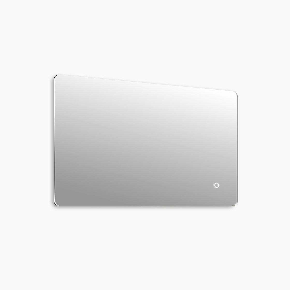 Frameless LED mirror lit and viewed straight on against a plain background