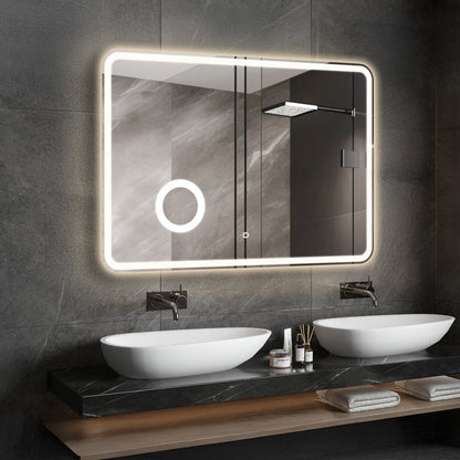 LED bathroom mirror with 3X magnifier above vanity