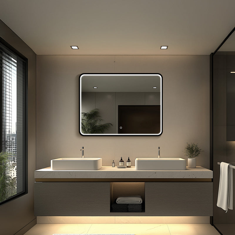 Matte black aluminum frame close-up on LED mirror
