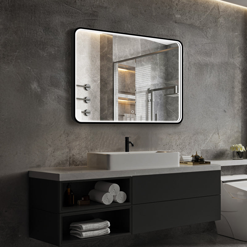 Matte black LED bathroom mirror above double vanity