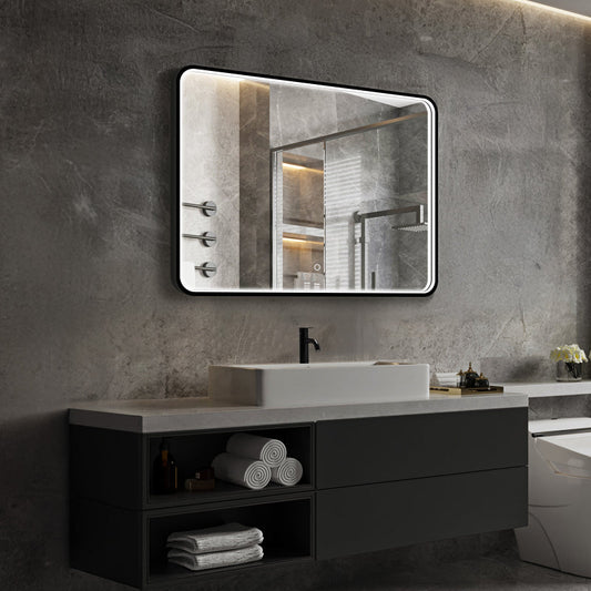 Matte black LED bathroom mirror above double vanity