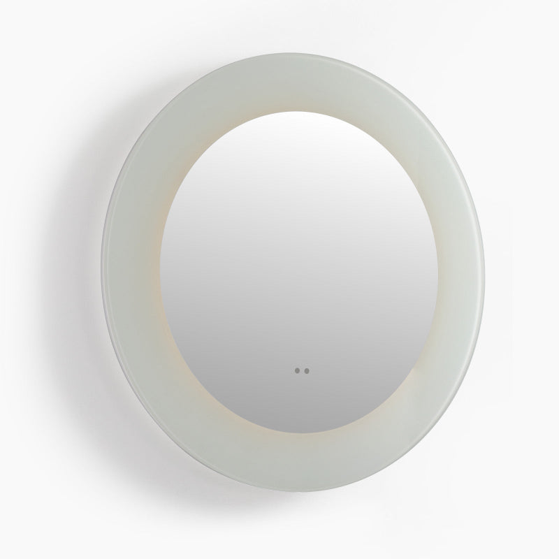 Acrylic diffuser edge glowing on round LED mirror
