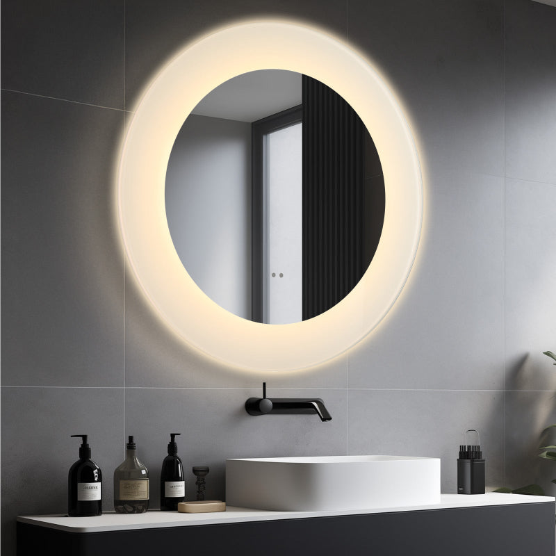 Round LED mirror in a modern bathroom setting