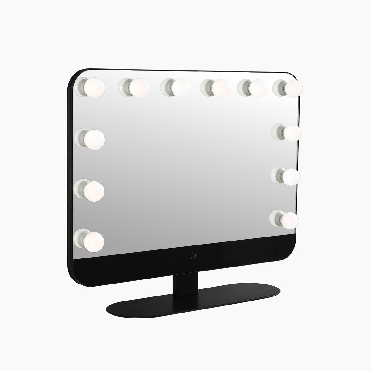 Matte black vanity mirror lit and viewed straight on against a plain background
