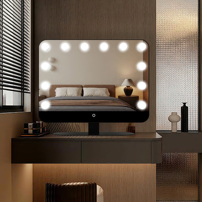 Hollywood vanity mirror with twelve bulbs shown on a dressing table