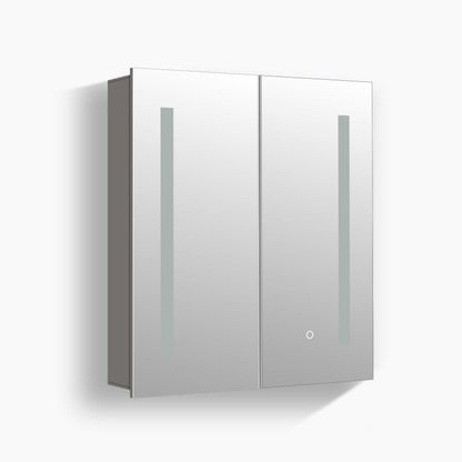 Open medicine cabinet with interior shelving