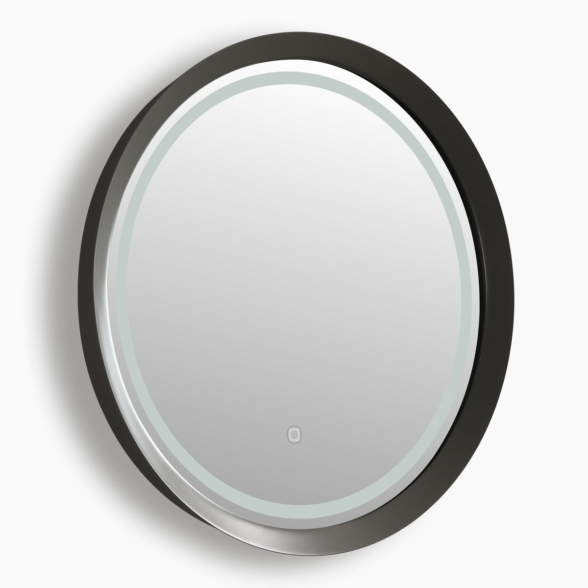 Round LED bathroom mirror lit and viewed straight on against a plain background