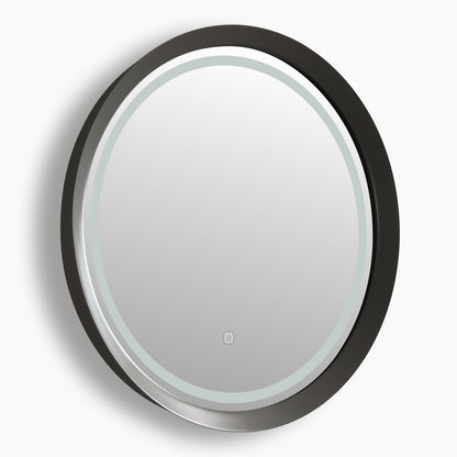 Round LED bathroom mirror lit and viewed straight on against a plain background
