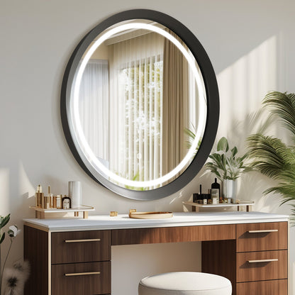 Round frosted grey LED mirror shown above a vanity in a bathroom