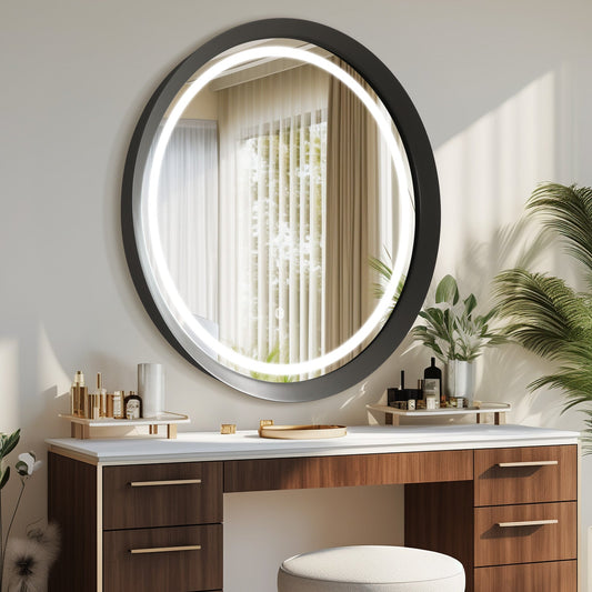 Round frosted grey LED mirror shown above a vanity in a bathroom