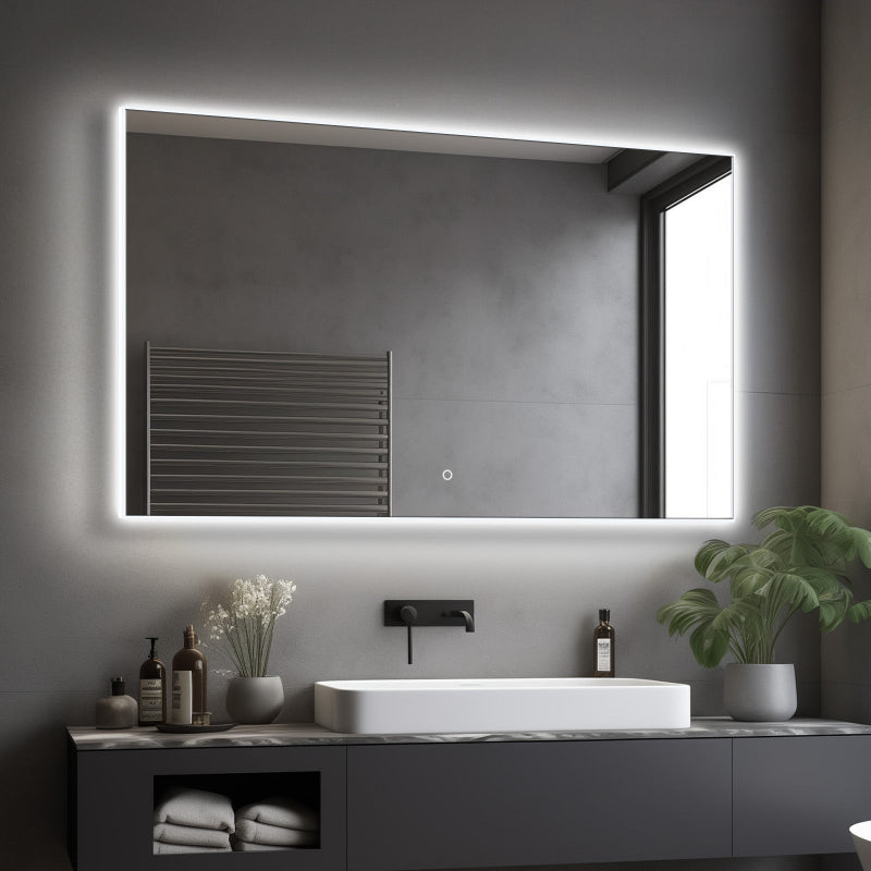 Acrylic edge LED bathroom mirror shown above a vanity in a bathroom