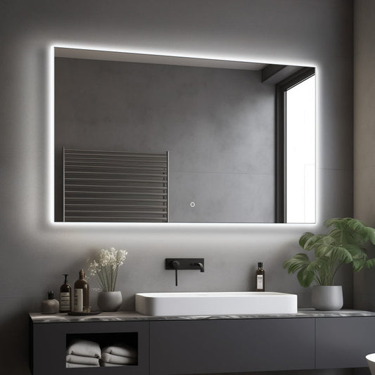 Acrylic edge LED bathroom mirror shown above a vanity in a bathroom