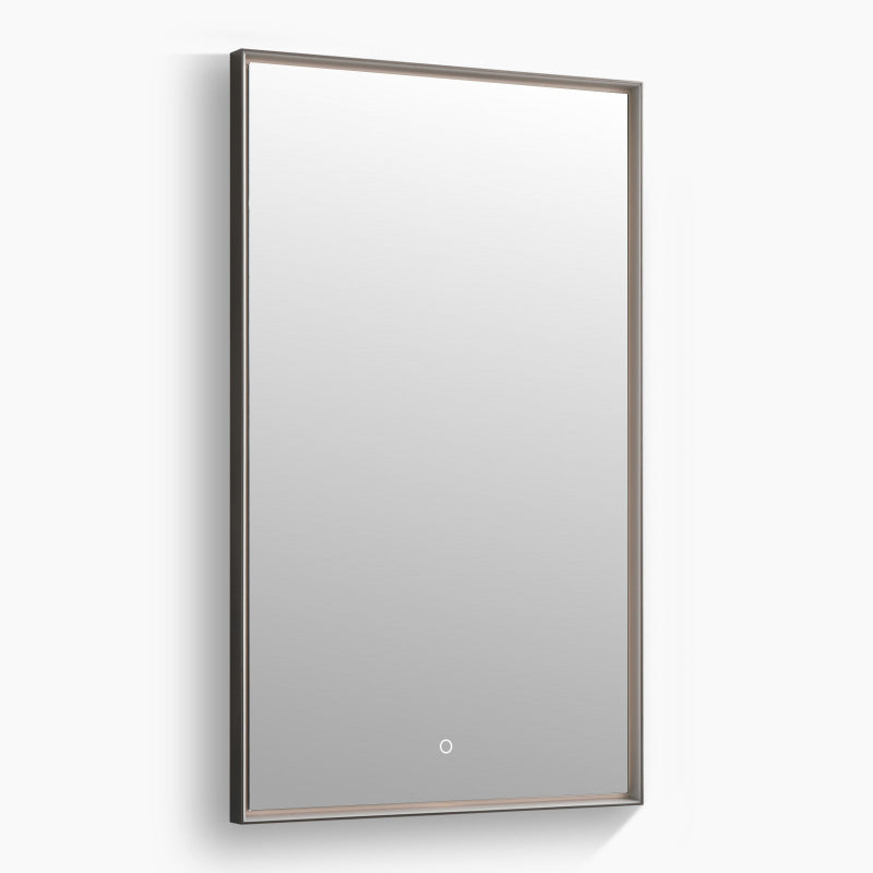 Rectangular LED mirror lit and viewed straight on against a plain background