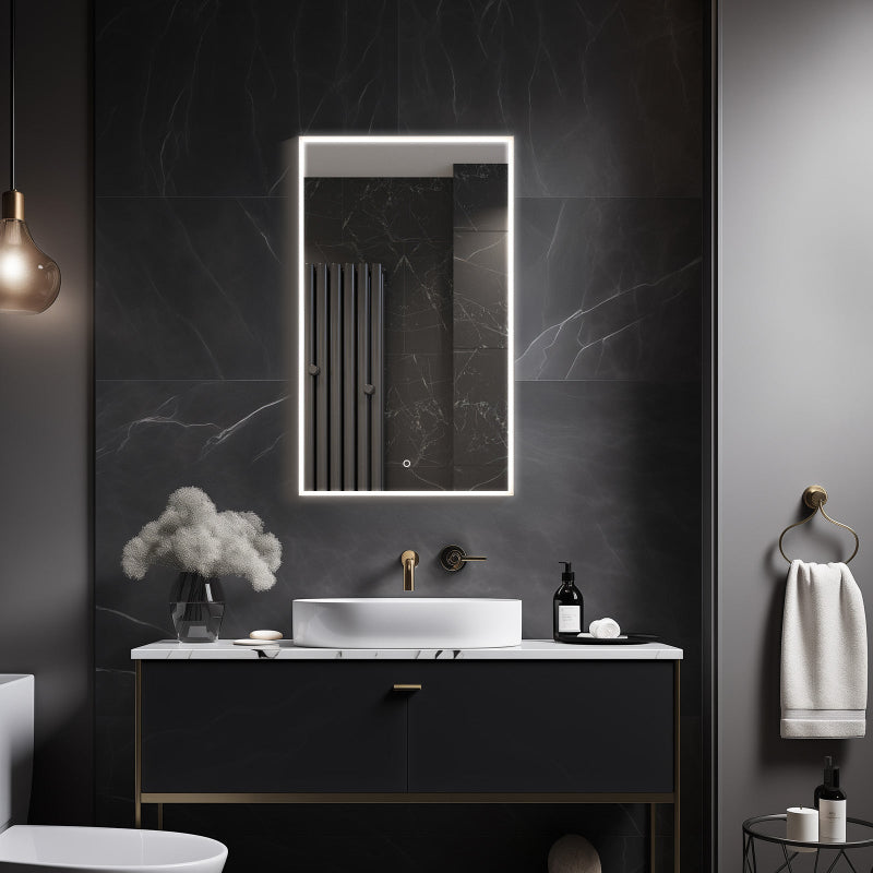 Frosted grey rectangular LED mirror shown above a bathroom vanity