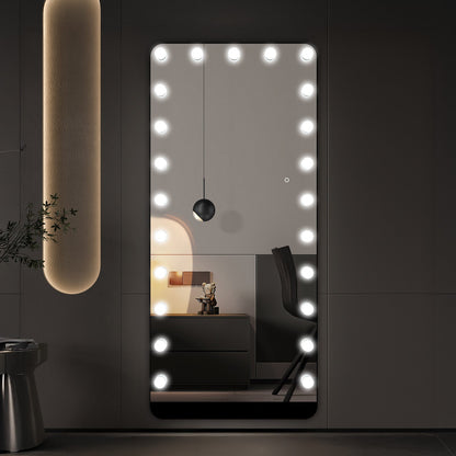 Close-up of dimmable LED bulbs around mirror frame