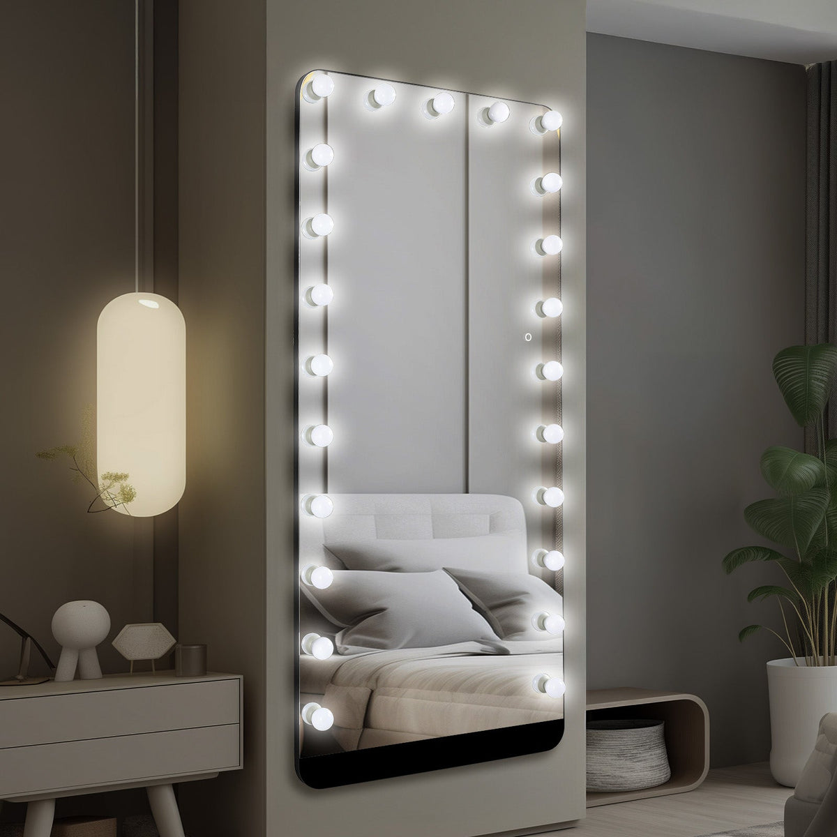 Hollywood full-length mirror with matte black frame and LED bulbs
