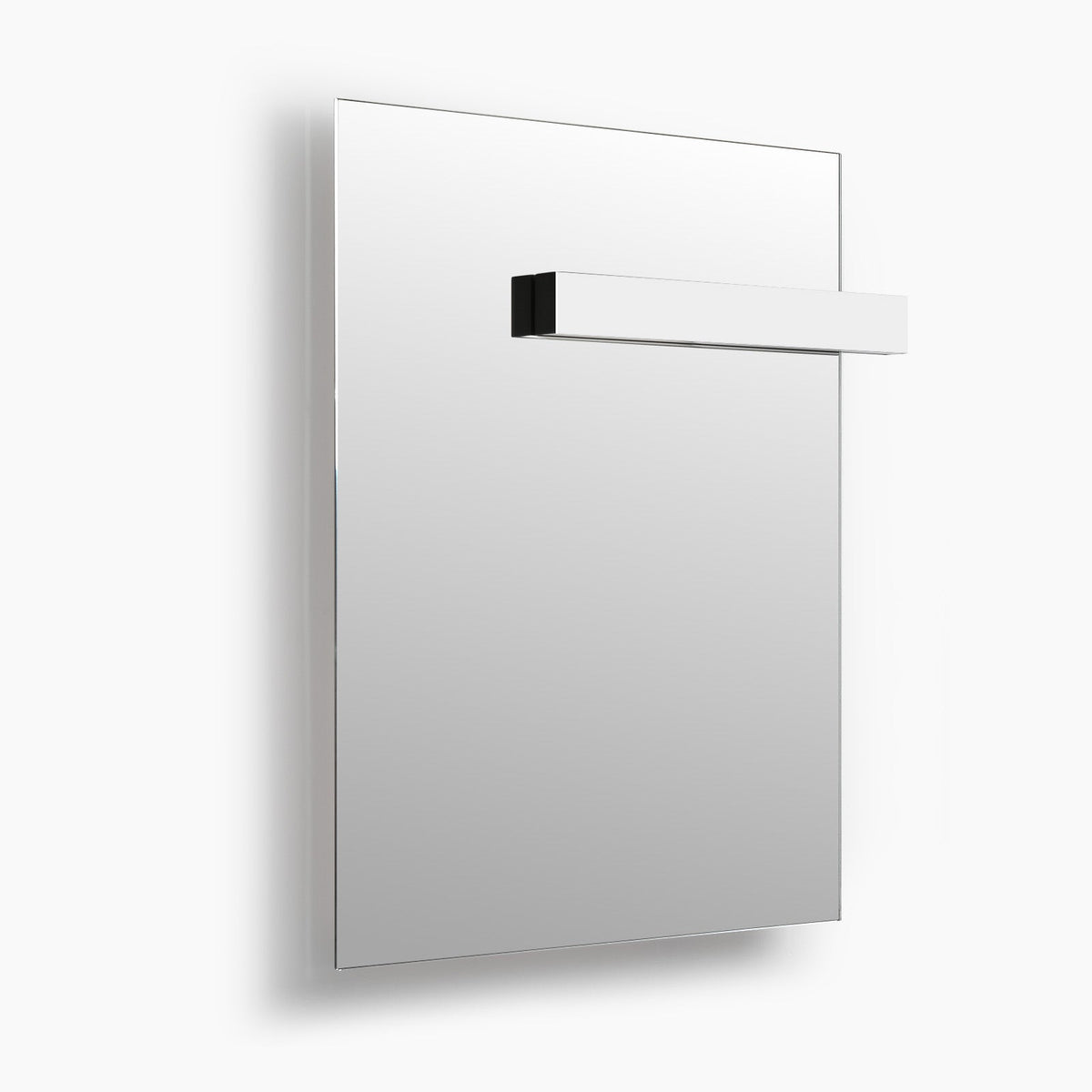 Rectangular LED mirror lit and viewed straight on against a plain background