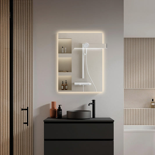 Backlit LED bathroom mirror shown above a vanity in a bathroom