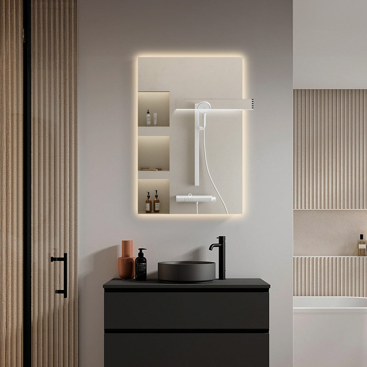 Close view of the front lit strip and mirrored edge detail